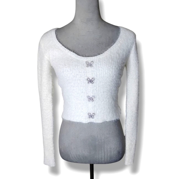 No Boundaries Butterfly Sweater XXS Rhinestone Fuzzy Coquette Y2K Soft Knit - Picture 3 of 8